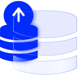 A stack of servers with an upwards pointing arrow