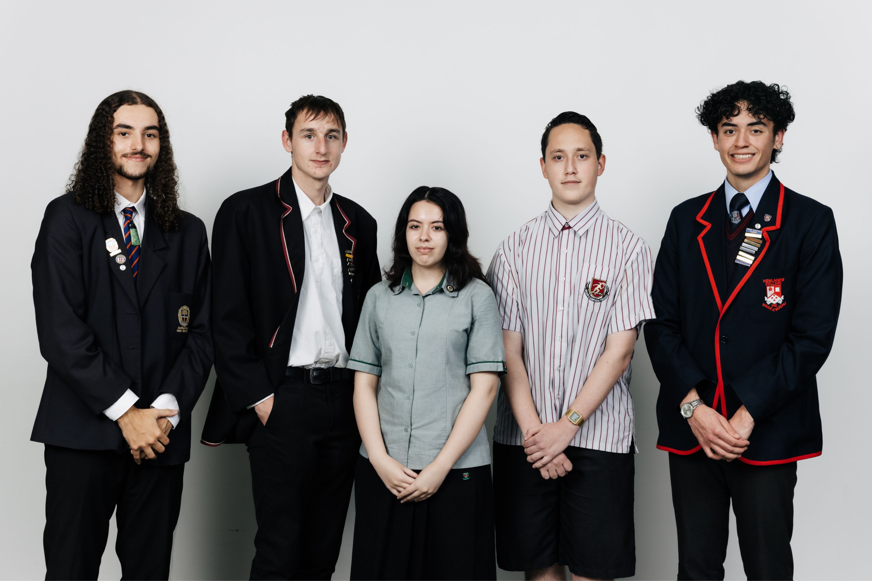 Datacom First Foundation 2022 Ryley Gray, Brady Wilson, Emily Roxburgh, Deago Tataurangi, and Arno Stil stand together in their school uniforms