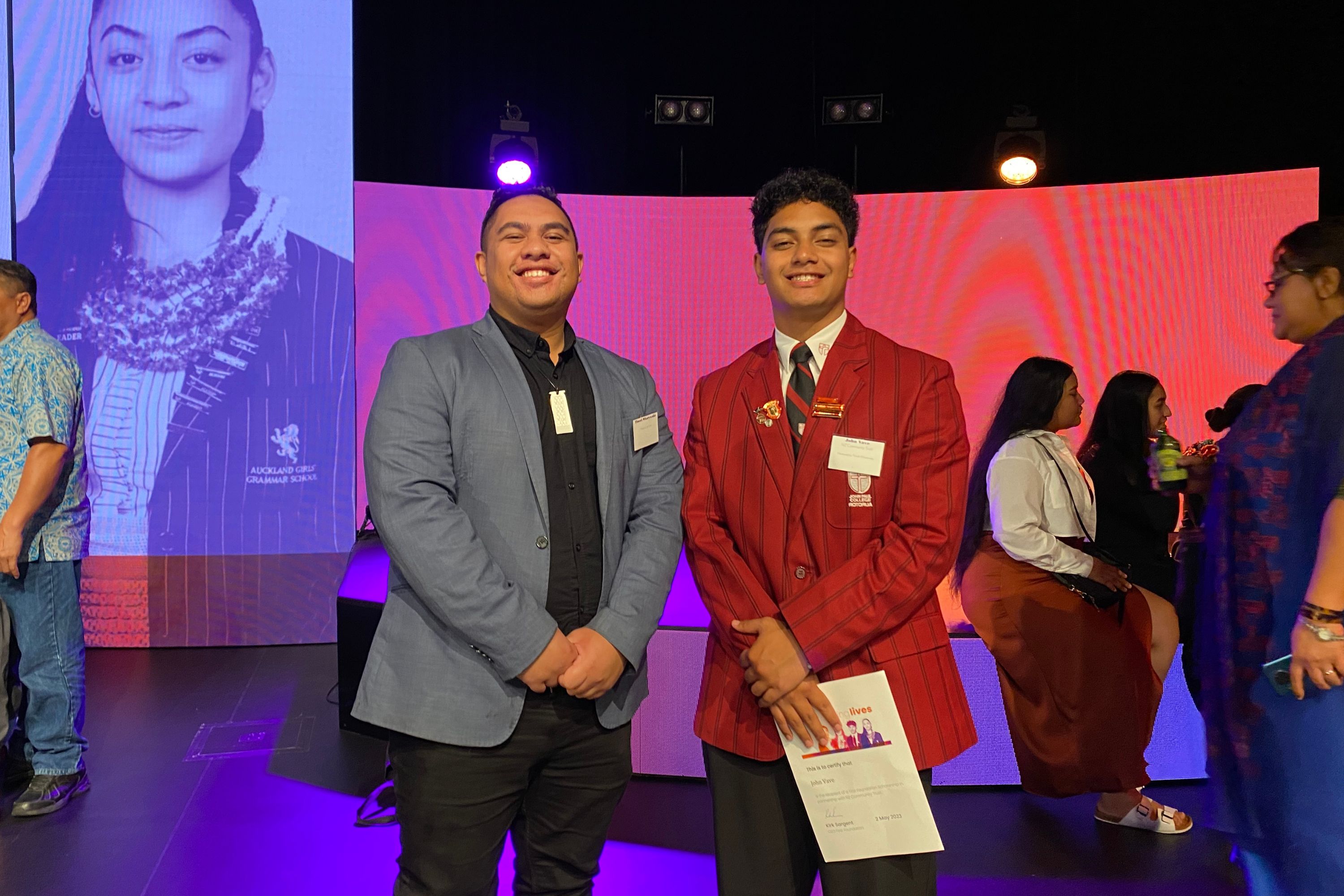 Timoti Wharewaka with his mentee John at the 2023 First Foundation scholarship awards ceremony