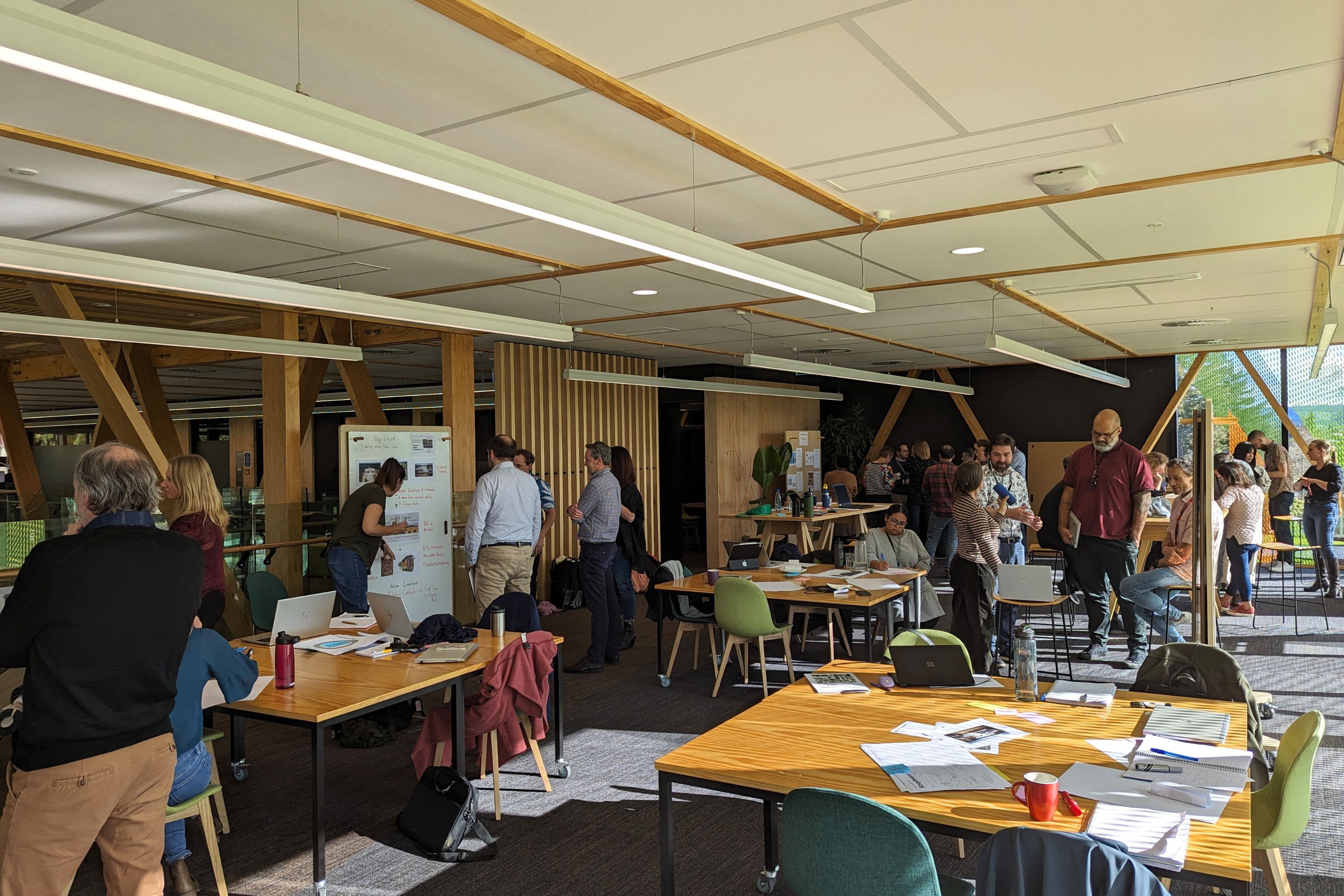 Scion Impact Jumpstart Innovation Sprint ideation session groups and teams of people in well lit office space talking