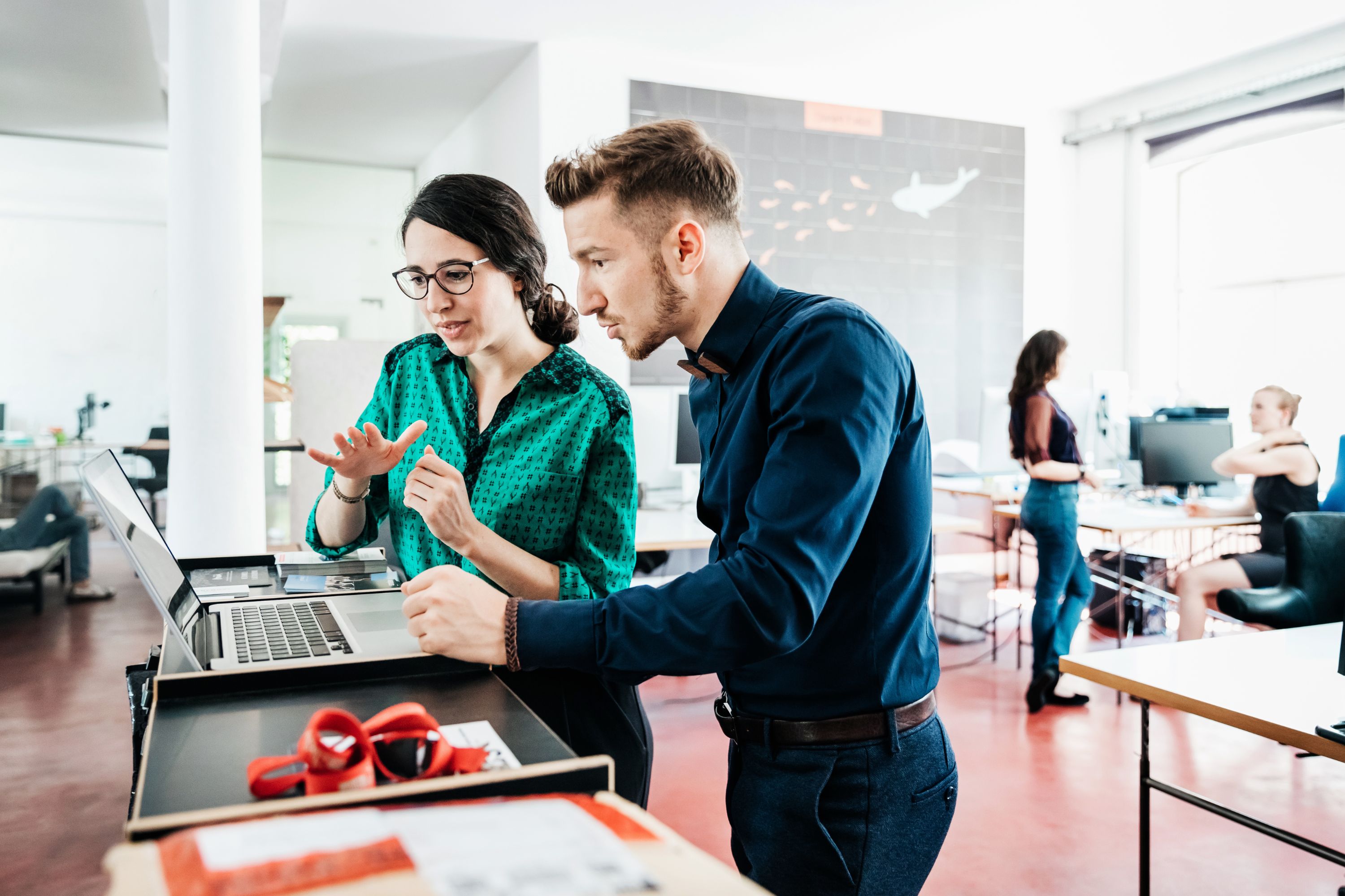 Two colleagues in bright modern office look at computer and learn together