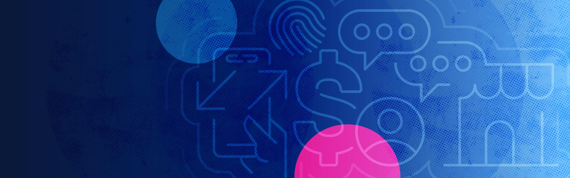 Datacom banner with blue and pink circles