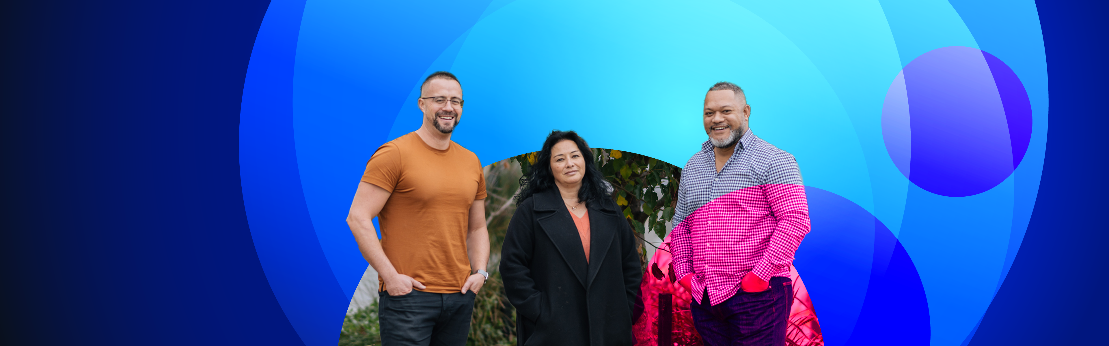 Photo of Amato Funaki, Linda Te Maipi, and Hemi David standing side by side looking at the camera