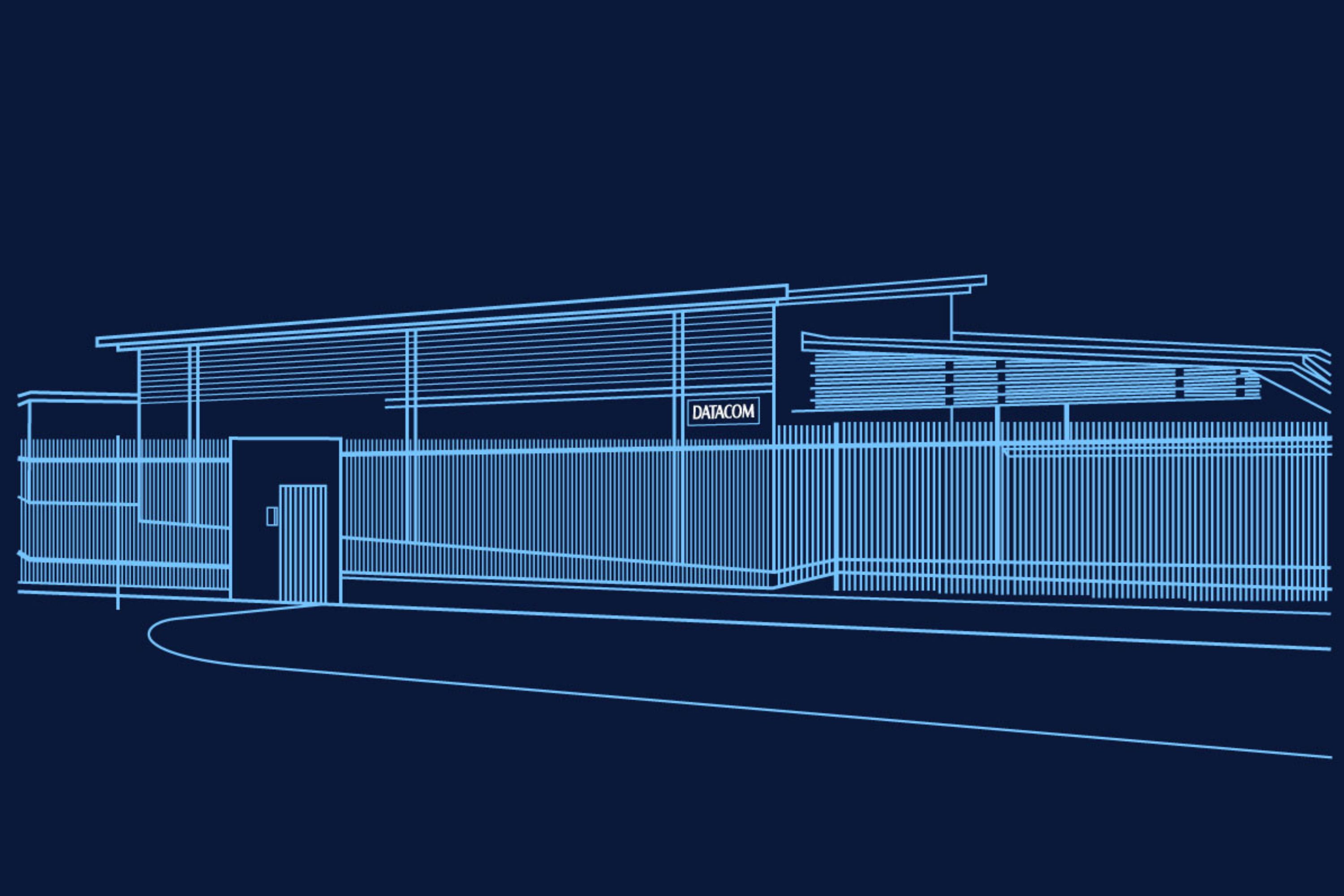 A light blue and navy data centre illustration with the Datacom logo