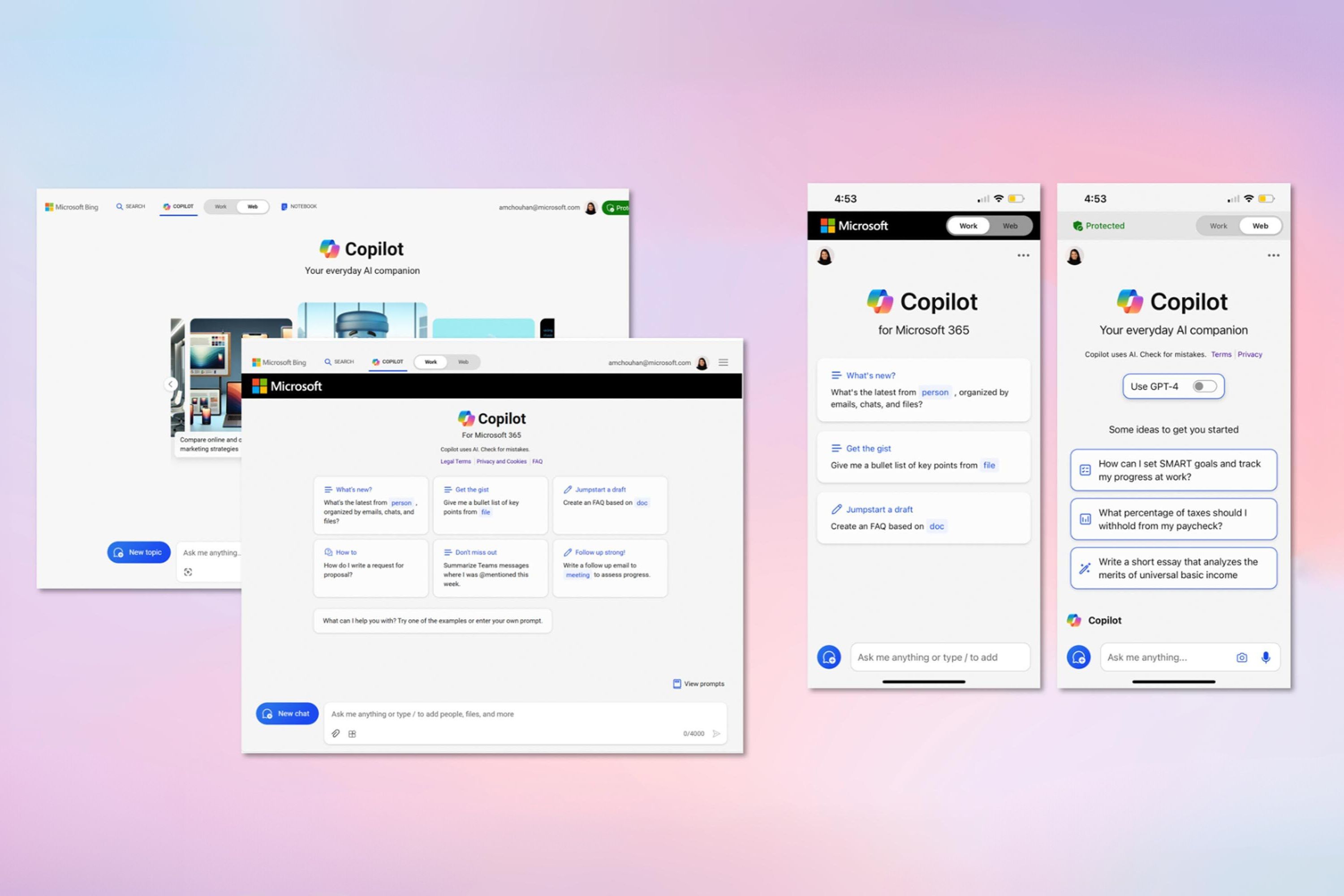 Screenshots of Copilot interfaces on web browser and IOS and Android apps with gradient pink blue and purple background