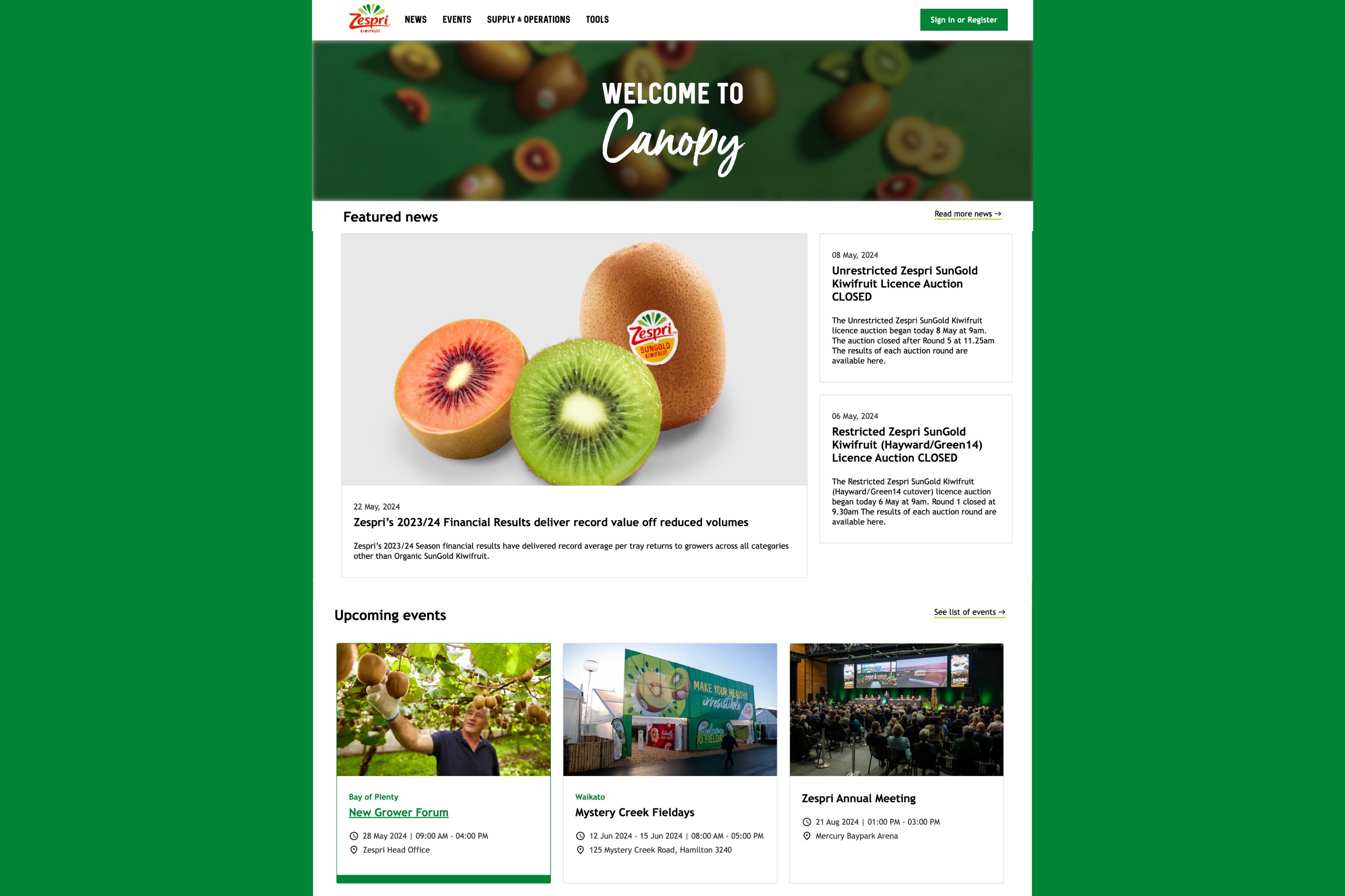 Canopy platform web homepage display showing featured news and upcoming events with green background
