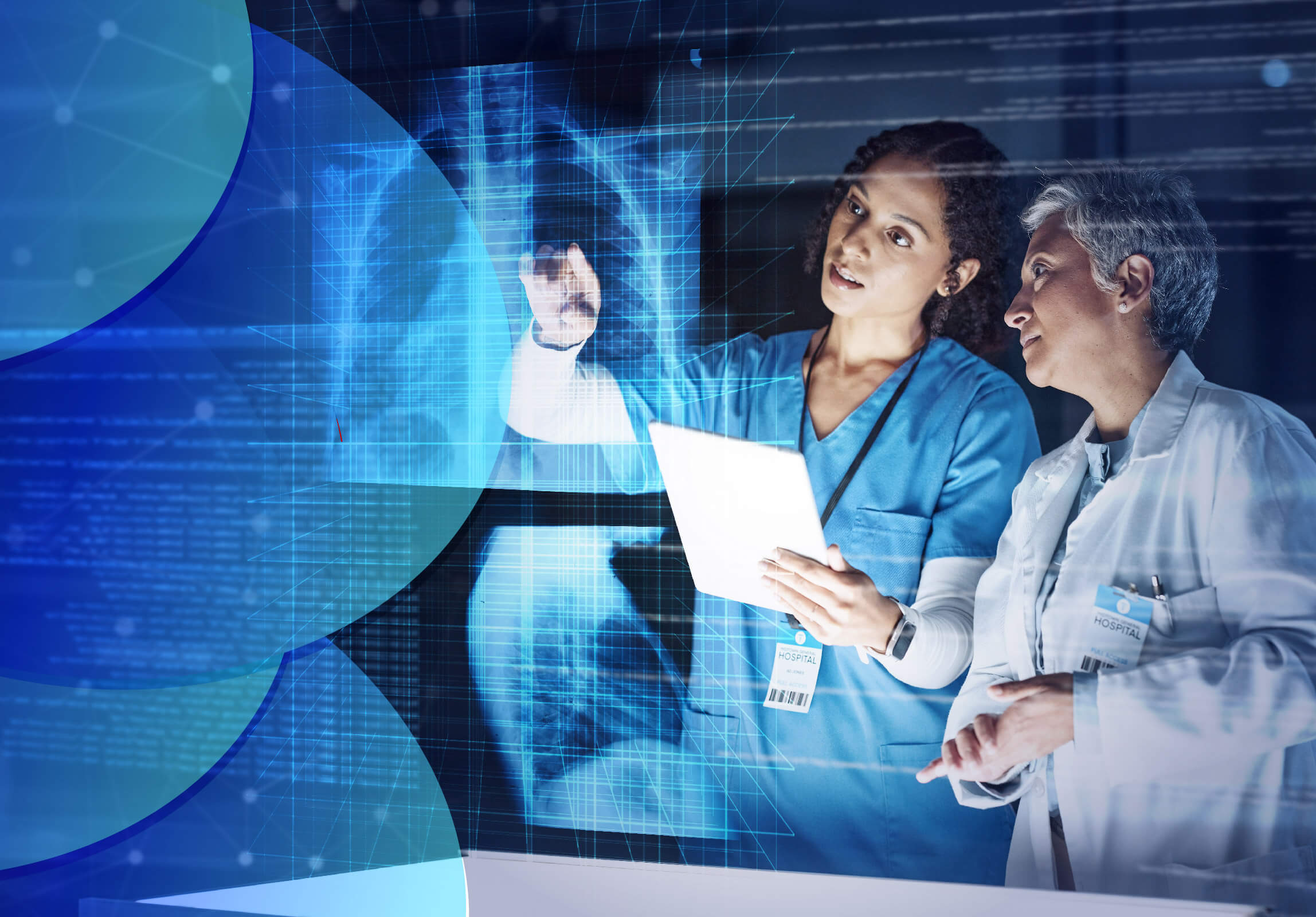 Patient discussing xray image with colleague
