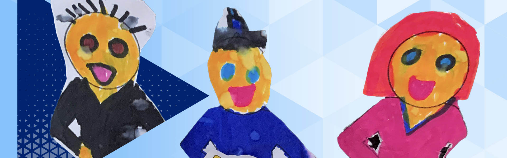A child's drawing of two men and a woman