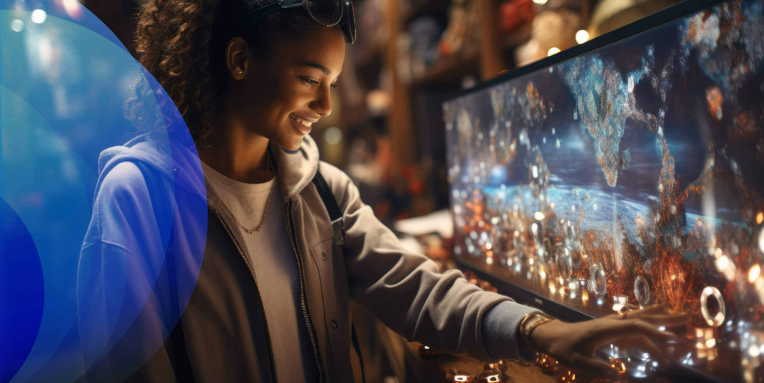 A young women touching an interactive screen