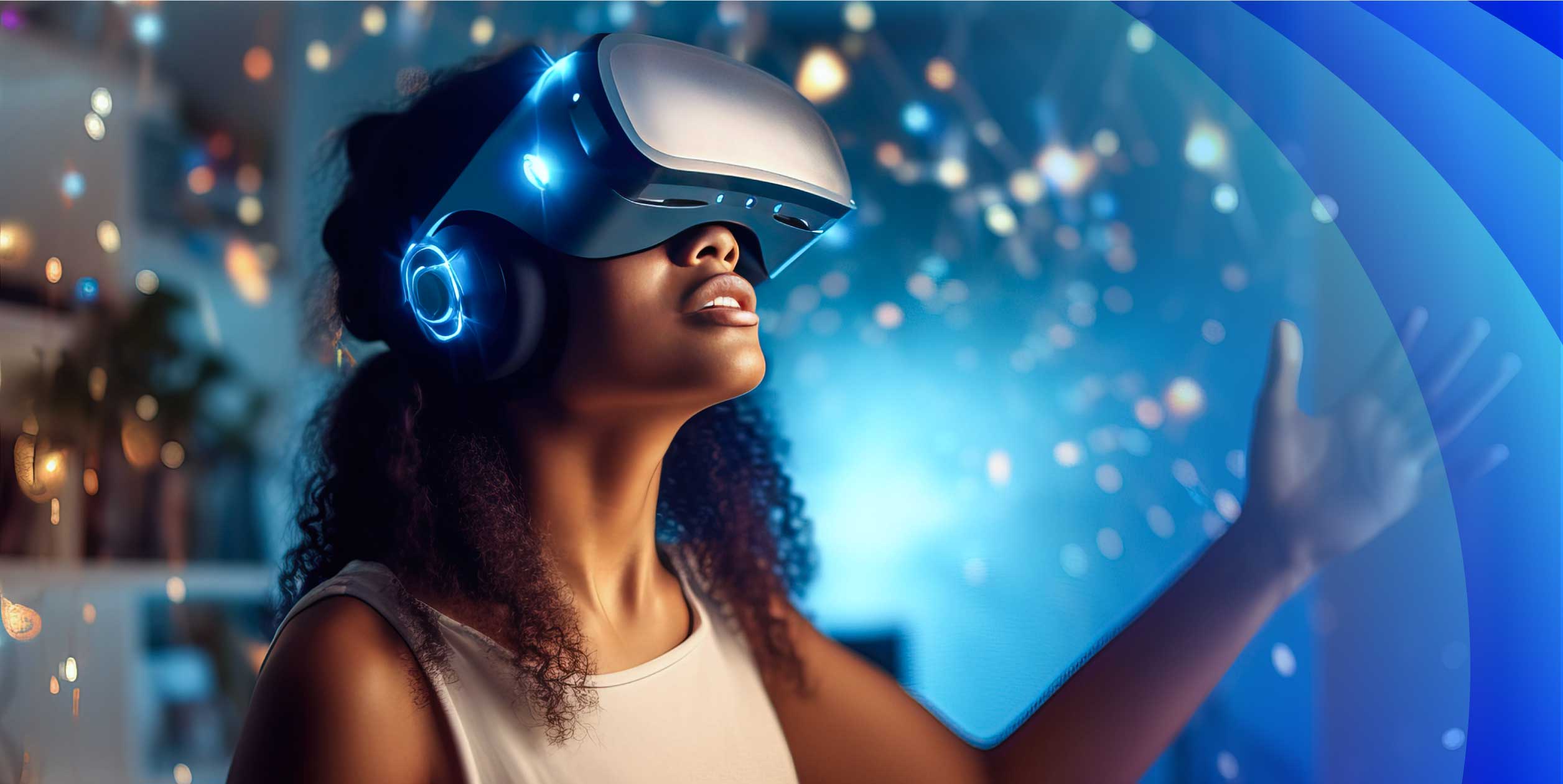A woman wearing a VR headset looking upwards