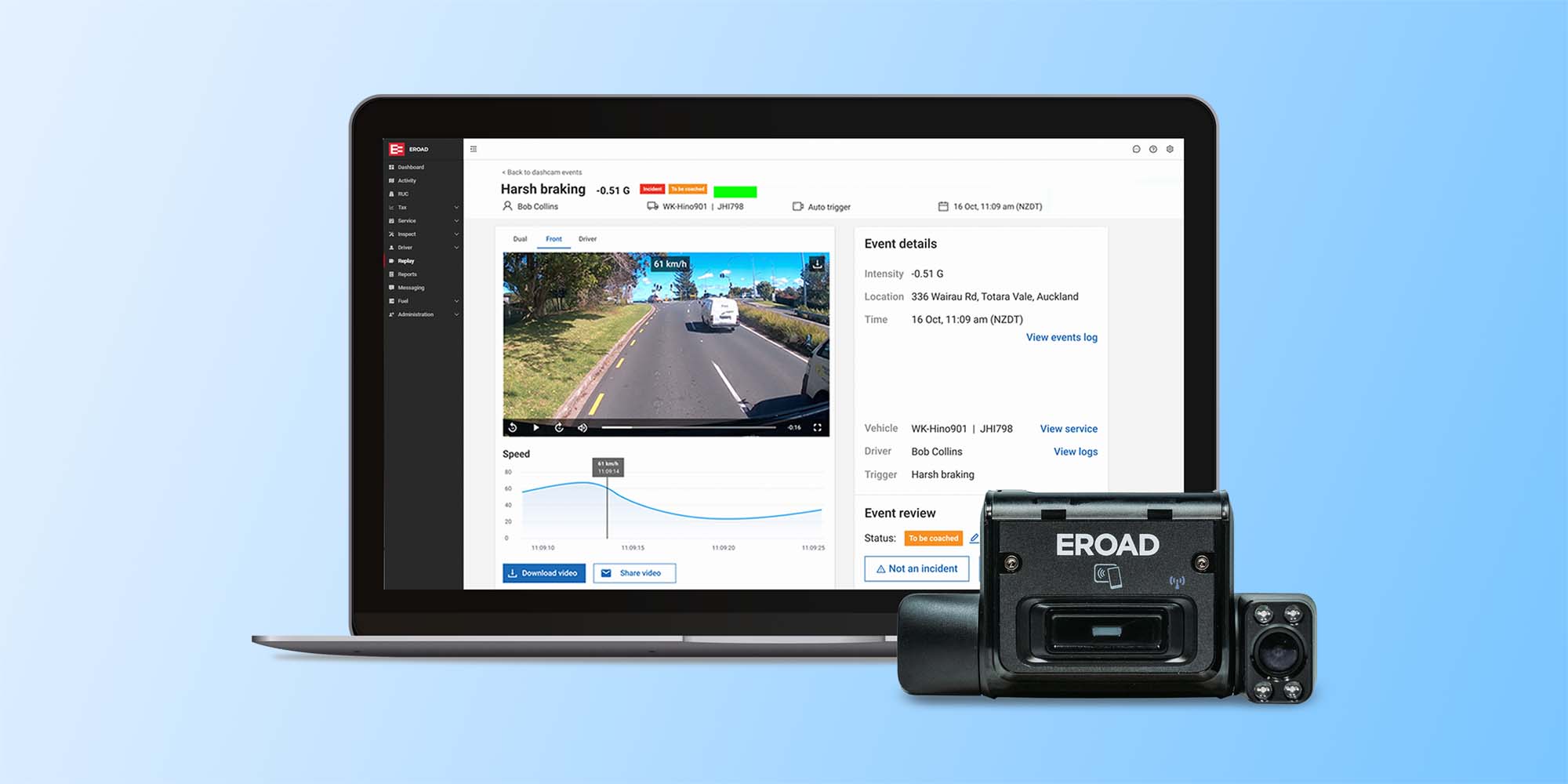 A screen mockup of the EROAD software alongside the physical product